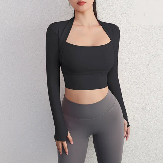 Chic Long-Sleeve Yoga Crop Top: Padded, Slim-Fit Workout Shirt with Low Neckline